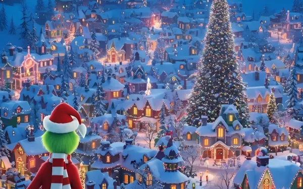 Elevate your festive designs with this delightful Grinch-themed illustration showcasing a charming snow-covered town. Perfect for holiday cards or seasonal promotions.