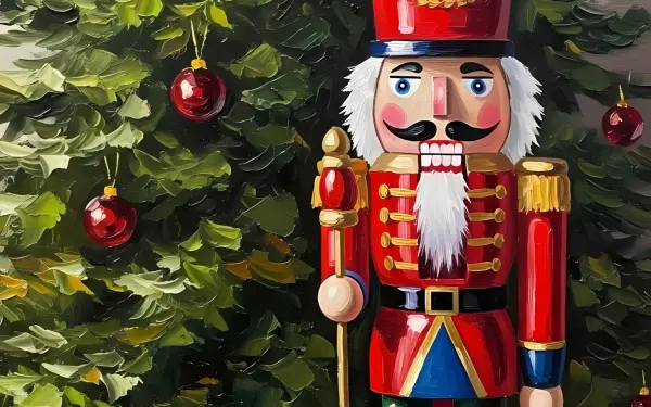 Enhance your festive designs with this detailed nutcracker illustration, styled as an oil painting. Perfect for adding a classic holiday touch to your projects.