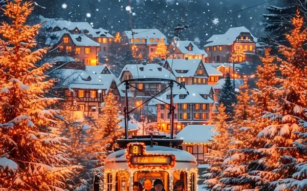 Evoke holiday magic with this charming winter trolley scene featuring a snow-covered village and castle. Perfect for seasonal campaigns, offering whimsical enchantment.