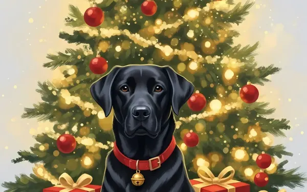 Elevate your holiday designs with this charming Black Labrador illustration featuring Christmas presents and a festive tree. Perfect for seasonal campaigns.