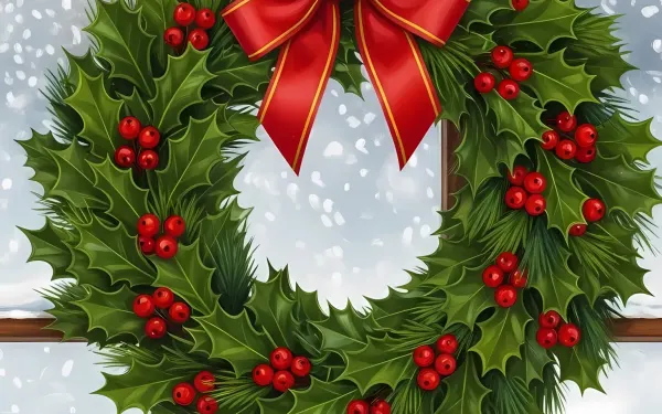 Elevate your holiday designs with this Christmas wreath illustration, featuring festive holly berries and a red bow. Perfect for seasonal promotions and greeting cards.