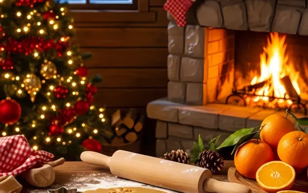 Create inviting holiday scenes with this warm Christmas baking image featuring festive cookies and a cozy fireplace. Ideal for seasonal content branding.
