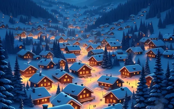 Enhance your winter designs with this charming illustration of a snowy village. Perfect for holiday cards, seasonal promotions, and creating a warm, inviting atmosphere.