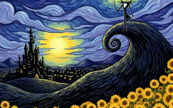 Showcase whimsical art with this 'Nightmare Before Christmas' inspired scene. Perfect for Halloween designs or unique animated projects, this image offers instant visual appeal.