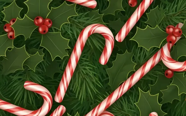 Elevate your holiday designs with this vibrant illustration of candy canes, holly, and pine. Perfect for seasonal cards or festive marketing, ready for commercial use.