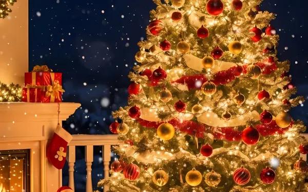 Elevate your holiday designs with this cozy Christmas scene featuring a decorated tree and presents. Perfect for creating a warm, festive atmosphere this season.