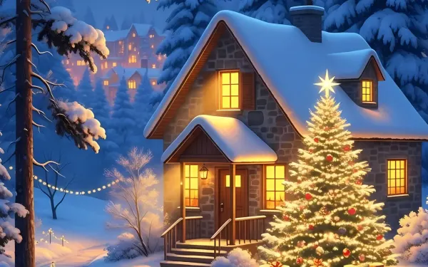 Evoke holiday magic with this winter cabin scene, featuring warm lighting and festive decor. Ideal for Christmas cards, seasonal promotions, and winter-themed designs.