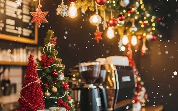 Enhance your holiday designs with this festive coffee shop scene featuring Christmas decorations and snowfall. Ideal for seasonal promotions and cozy winter themes.