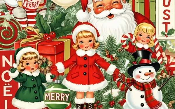 Elevate your holiday designs with this retro Christmas collage, showcasing classic characters and festive elements. Perfect for nostalgic seasonal projects.