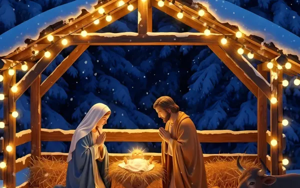 Celebrate the Christmas story with this serene Nativity scene featuring Mary, Joseph, and baby Jesus. Perfect for festive holiday designs and seasonal projects.