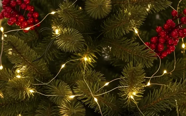 Elevate your designs with this Christmas tree close-up, featuring festive details and warm lighting. Perfect for seasonal marketing and holiday-themed projects.