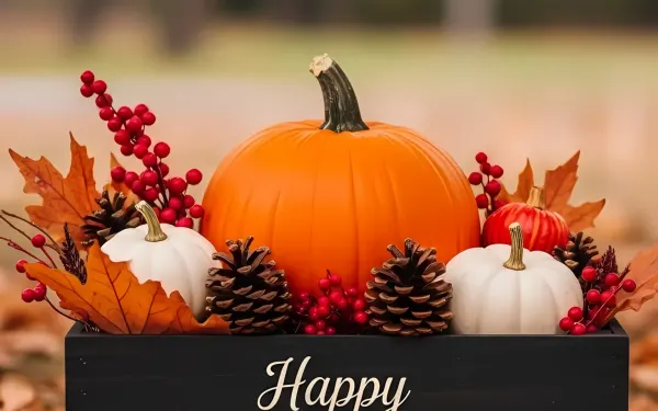 Elevate your Thanksgiving designs with this seasonal still life featuring pumpkins, pinecones, and autumn leaves in a charming display. Perfect for harvest-themed promotions.