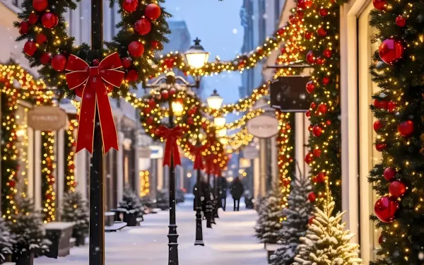 Elevate your holiday designs with this festive street scene featuring Christmas decorations and snow. Perfect for winter promotions and seasonal campaigns.