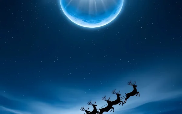 Elevate your holiday designs with this silhouette of Santa's sleigh featuring reindeer, set against a luminous moonlit sky. Perfect for festive season projects.