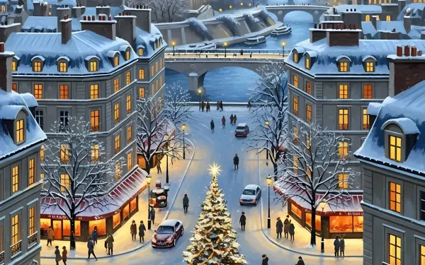 Elevate your designs with this charming Paris winter scene featuring a Christmas tree. A premium digital asset perfect for holiday-themed projects.