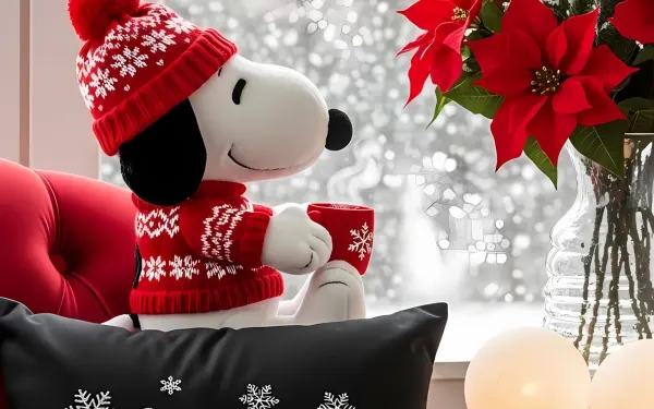 Elevate your holiday designs with this charming Snoopy scene featuring festive decor. Perfect for seasonal cards and heartwarming projects.