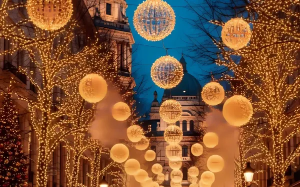 Elevate your holiday designs with this festive street scene featuring glowing Christmas lights and ornaments. Perfect for high-end seasonal campaigns.