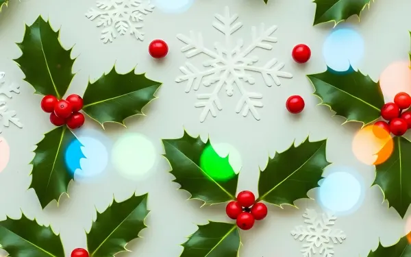 Elevate your designs with this festive holly and snowflake pattern featuring vibrant bokeh. Perfect for holiday-themed projects and adding a touch of winter magic.