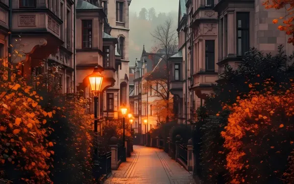 Enhance your designs with this captivating street scene featuring classic architecture and autumnal foliage. Perfect for historical projects and atmospheric visuals.