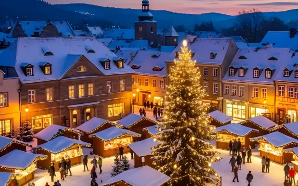 Capture the magic of a European Christmas market with this image, perfect for holiday promotions and winter-themed designs. Ready for commercial use.