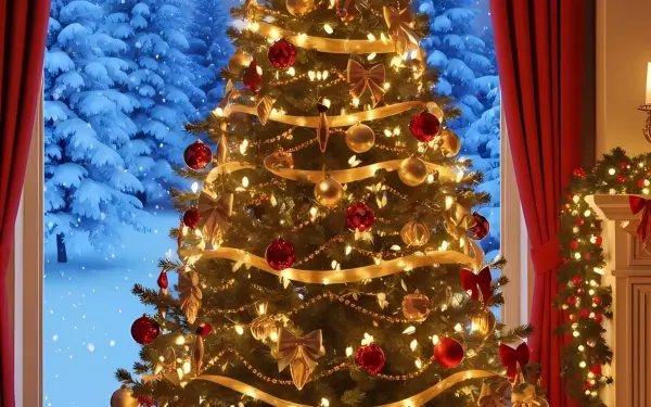 Elevate your holiday designs with this festive Christmas tree scene, featuring glowing lights and presents. Perfect for seasonal greeting cards and winter promotions.