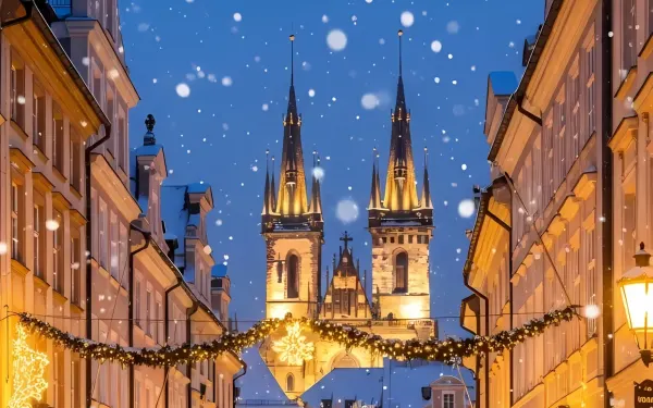 Elevate your designs with this stunning Prague street scene featuring snowfall and Christmas decorations. Perfect for holiday campaigns and winter-themed projects.