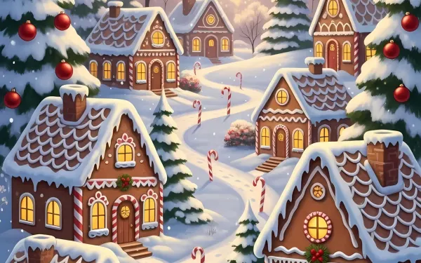 Enhance your designs with this charming gingerbread village illustration, featuring candy cane paths and festive lighting. Perfect for holiday cards and seasonal promotions.