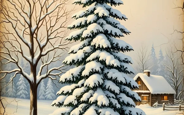 Elevate your holiday designs with this winter landscape featuring a snow-covered tree and poinsettias, perfect for creating heartwarming Christmas cards and seasonal promotions.