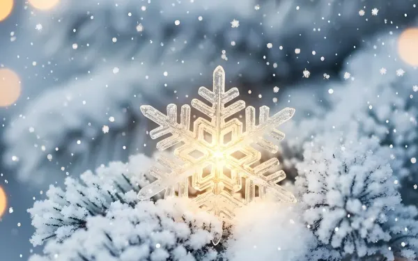 Elevate your designs with this winter scene featuring a snowflake on a frosted pine branch, perfect for holiday-themed projects and seasonal campaigns.