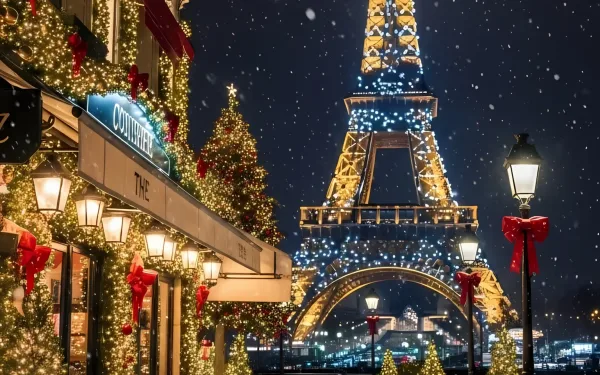 Experience the magic of Paris with this festive scene featuring the Eiffel Tower and Christmas lights. Perfect for holiday-themed designs and winter promotions.