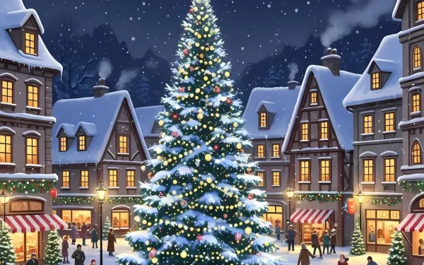 Enhance your holiday designs with this charming Christmas village illustration, featuring ice skaters and a decorated tree. Perfect for seasonal campaigns and festive projects.