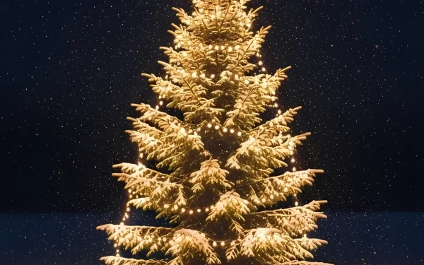 Elevate your holiday designs with this stunning Christmas tree illustration featuring a snowy landscape and twinkling lights. Perfect for high-resolution seasonal projects.