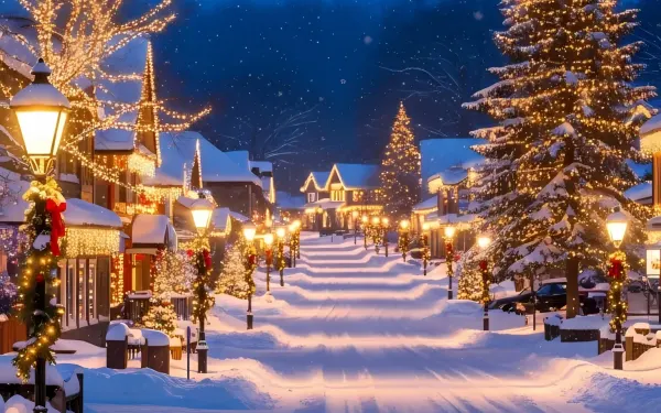 Elevate your holiday designs with this charming winter village scene featuring snow-covered streets and festive lights. Perfect for seasonal marketing campaigns.