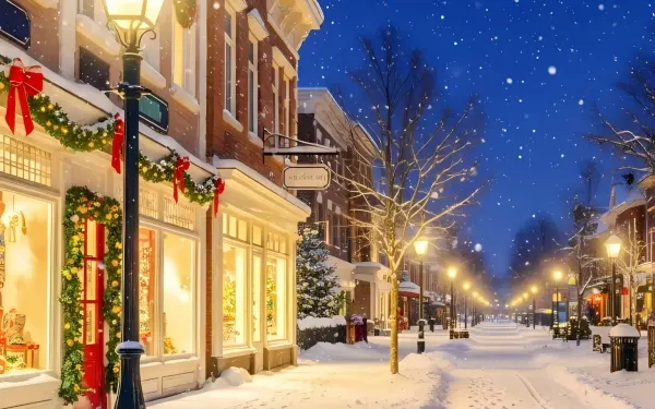 Capture the magic with this winter street scene featuring snow-covered shops and festive decor. Perfect for holiday promotions and seasonal designs.