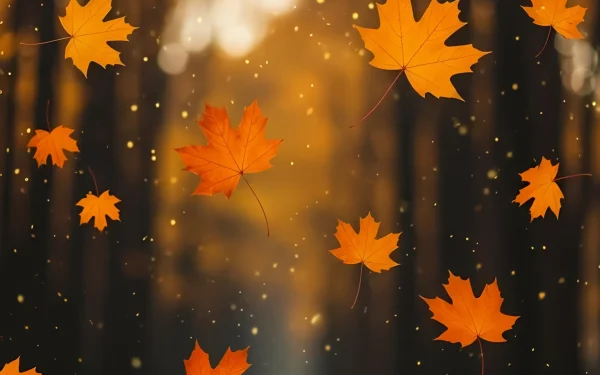 Enhance your designs with this vibrant autumn scene featuring falling maple leaves and bokeh lights. Perfect for seasonal promotions and warm, inviting visuals.