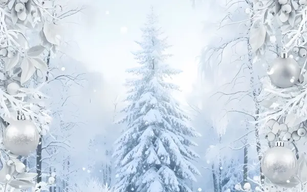 Elevate your designs with this serene winter scene featuring frosted trees and silver ornaments. Perfect for holiday cards and seasonal promotions.