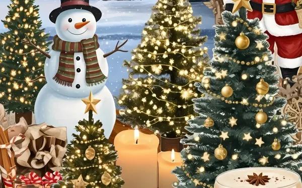 Elevate your designs with this festive Christmas still life, showcasing a snowman, Santa, and decorated trees. Perfect for holiday-themed projects and seasonal campaigns.