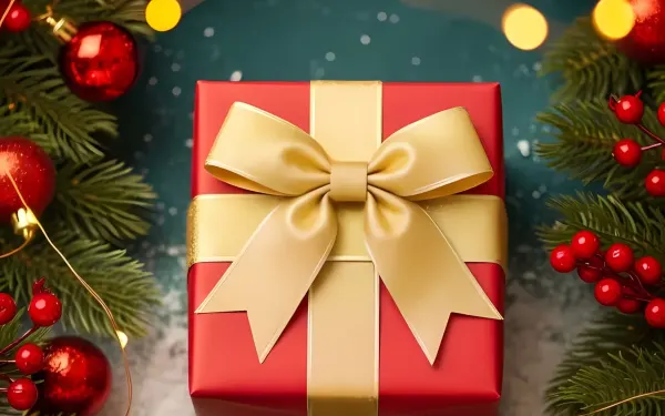 Elevate your holiday designs with this vibrant Christmas gift illustration featuring classic ornaments and warm fairy lights. Perfect for seasonal marketing campaigns.