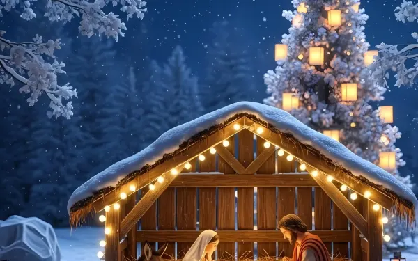 Evoke the Christmas spirit with this Nativity scene featuring Mary, Joseph, and baby Jesus in a stable. Perfect for holiday cards and seasonal designs.