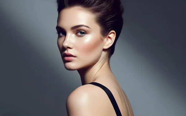 Enhance your project with this stunning portrait of a woman featuring a classic updo and subtle makeup. Perfect for high-fashion editorials and beauty campaigns.