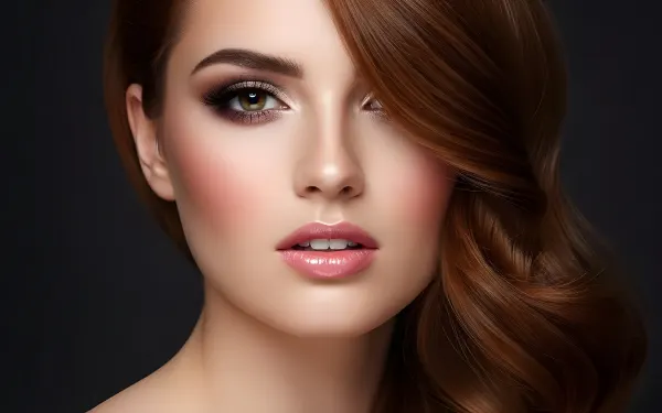 Elevate your project with a stunning portrait of a woman featuring auburn hair and professional makeup. Perfect for high-fashion editorials and beauty campaigns.