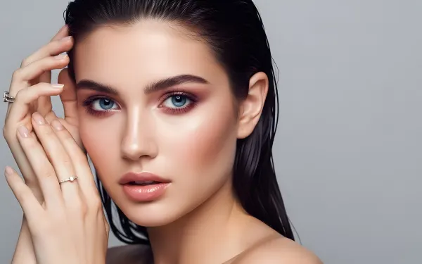 Elevate your project with a stunning portrait of a woman featuring flawless makeup and radiant skin. Perfect for high-fashion editorials and beauty campaigns.