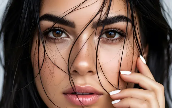 Elevate your designs with this striking image of a woman's face, showcasing captivating brown eyes and a modern white manicure. Perfect for high-end beauty campaigns.
