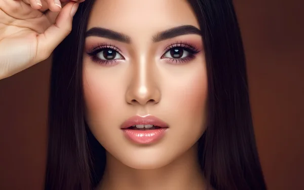 Enhance your designs with this stunning close-up of a woman featuring flawless makeup and glossy lips. Perfect for high-end beauty and cosmetic campaigns.