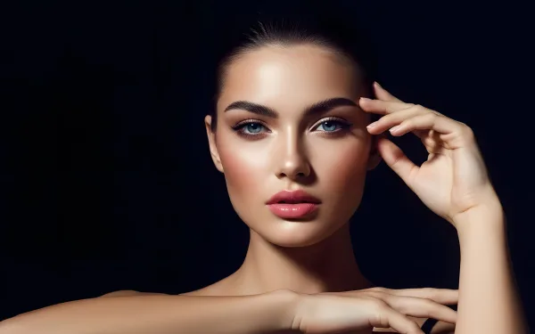 Enhance your project with this stunning portrait of a woman featuring flawless skin and captivating eyes. Perfect for high-fashion editorials and beauty campaigns.