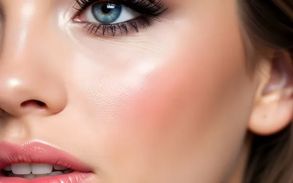 Enhance your project with this close-up of a woman's face, featuring flawless skin and striking blue eyes. Perfect for high-end beauty and skincare campaigns.