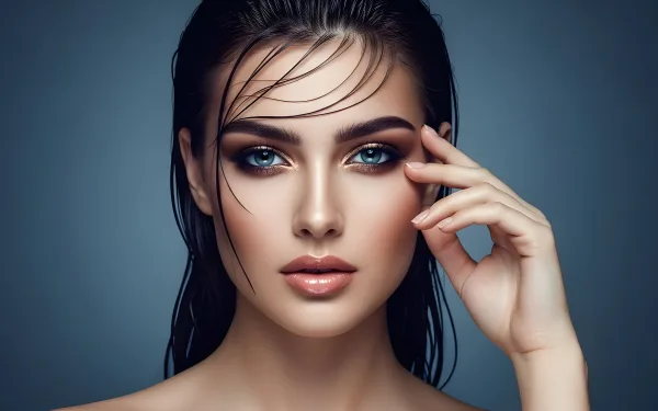 Elevate your designs with this striking portrait of a woman featuring dramatic makeup and wet hair, perfect for high-fashion or beauty-related projects. Ready for commercial use.
