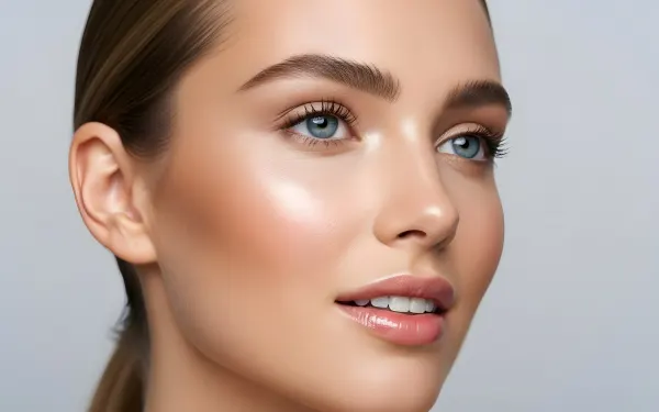 Enhance your project with this close-up of a woman's face, featuring flawless skin and captivating blue eyes. Perfect for high-end beauty and skincare campaigns.