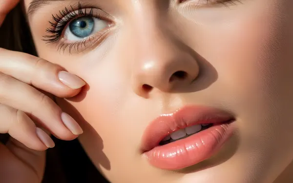 Enhance your project with this close-up of a woman's face, featuring striking blue eyes and glossy lips. A premium asset ideal for beauty and cosmetic designs.