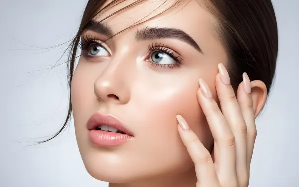 Enhance your designs with this portrait of a woman showcasing radiant skin and elegant nails. Perfect for high-end beauty and skincare campaigns.